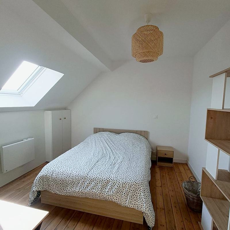 Attic bedroom with a bed, skylight and shelving