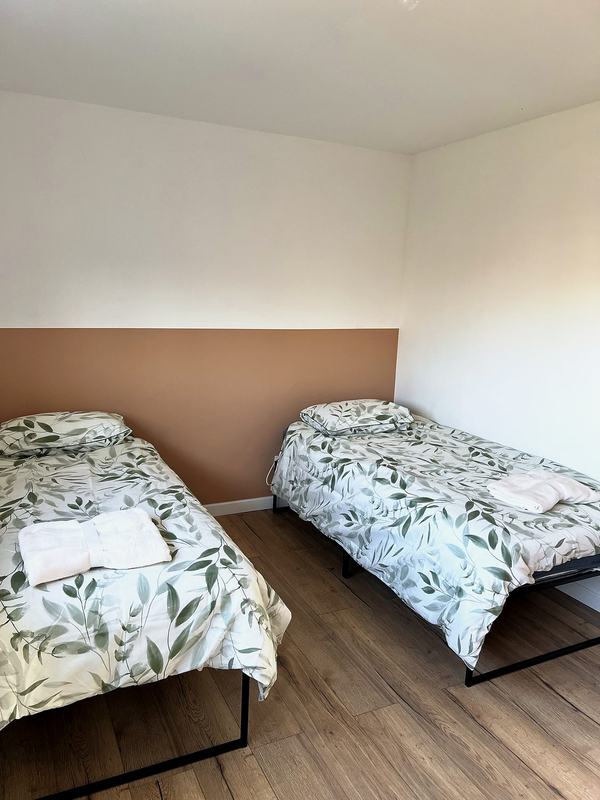 Bedroom with two single beds and leaf-print bedding