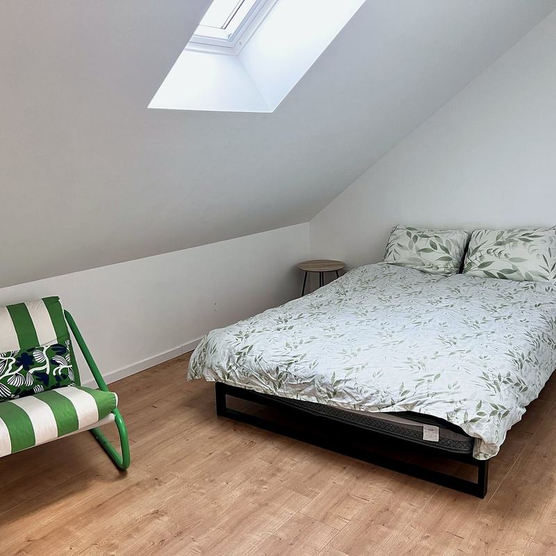 Loft bedroom with a skylight, a bed and an armchair